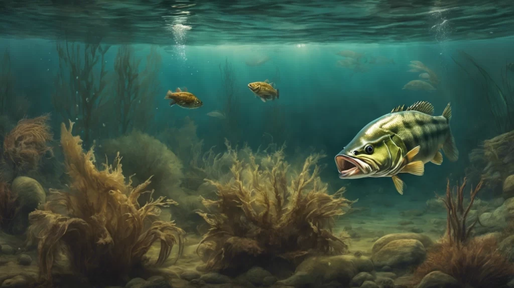 Color nderwater Scene In A Lake Where You Can See A Largemouth Bass Stalking A Crab That Is Trying To Defend Itself