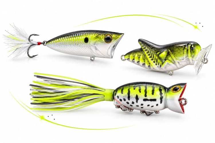 Poppers; 6th Sense Splash, Rebel Crickhopper y Arbogast Hula